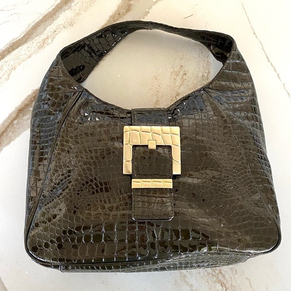 Michael Kors Purse Peninsula Hobo Bag Dark Brown Croc Patent Leather - Picture 1 of 16